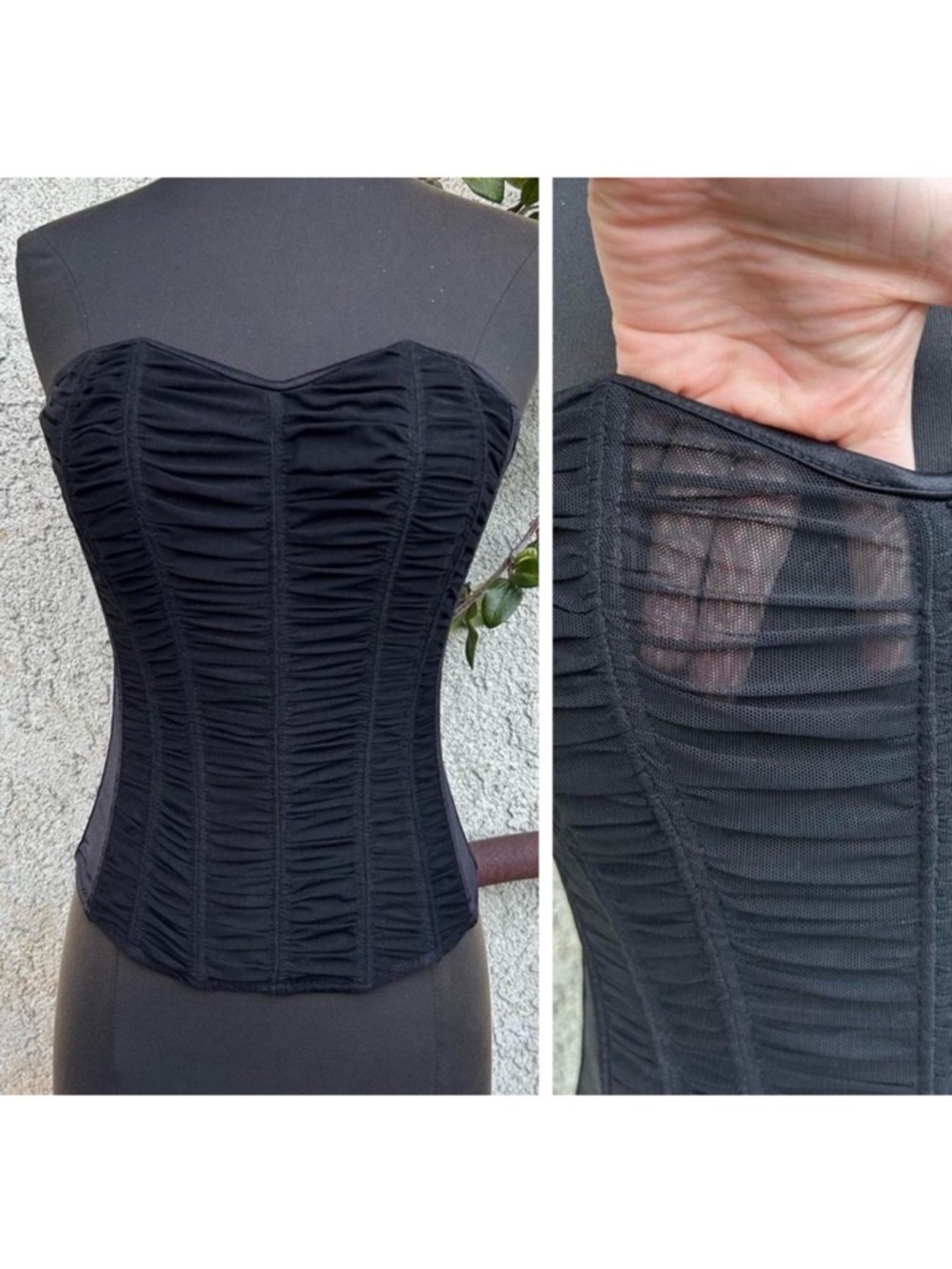 Shirley of Hollywood Black Sheer Ruched Corset, Romantic Grunge Whimsygoth Fairy